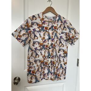 Peaches Uniforms Multicolor Ghost Halloween Scrub Top Size Small 3 Pockets EUC